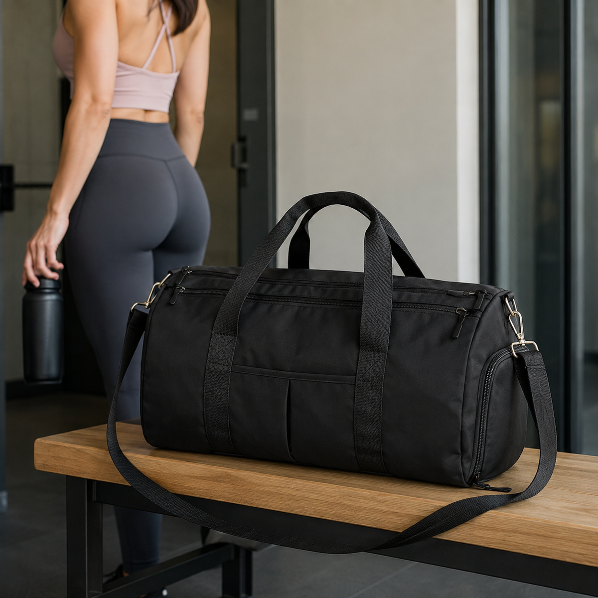 Black Split Duffel Bag on a bench in a modern gym studio with carry handles, shoulder strap and front slip pockets visible.