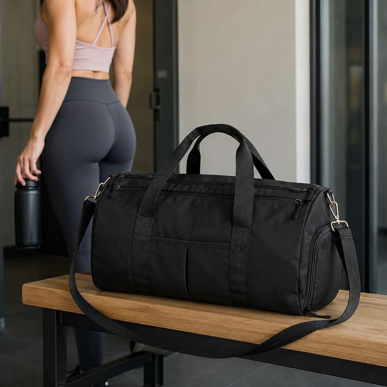 Black Split Duffel Bag on a bench in a modern gym studio with carry handles, shoulder strap and front slip pockets visible.