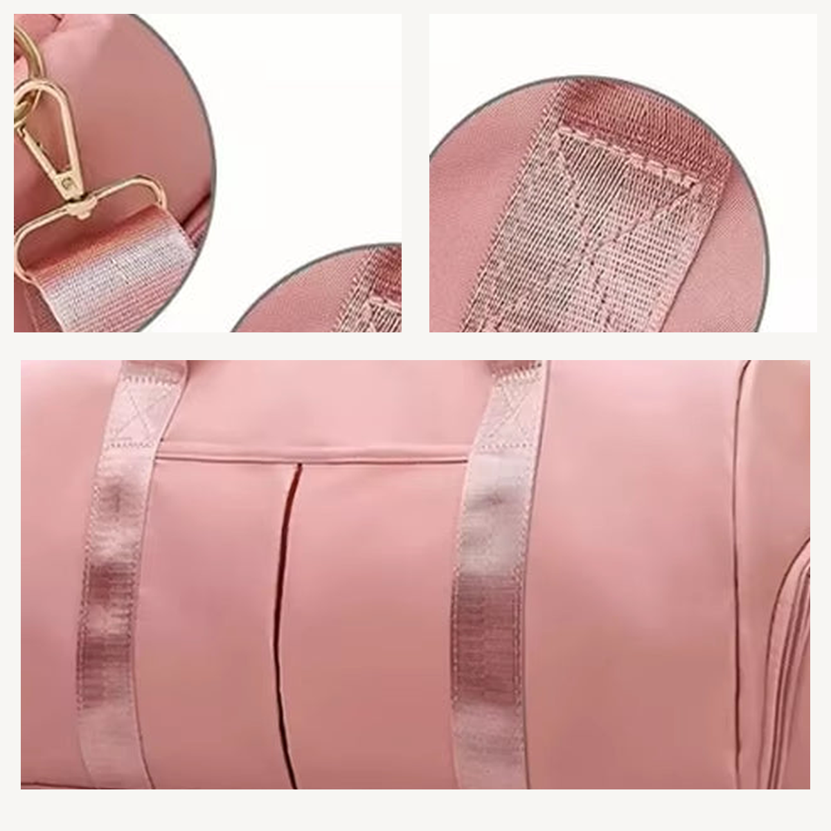 Close-up views of the pink Split Duffel Bag shoulder strap hardware, handle stitching and front slip pockets.
