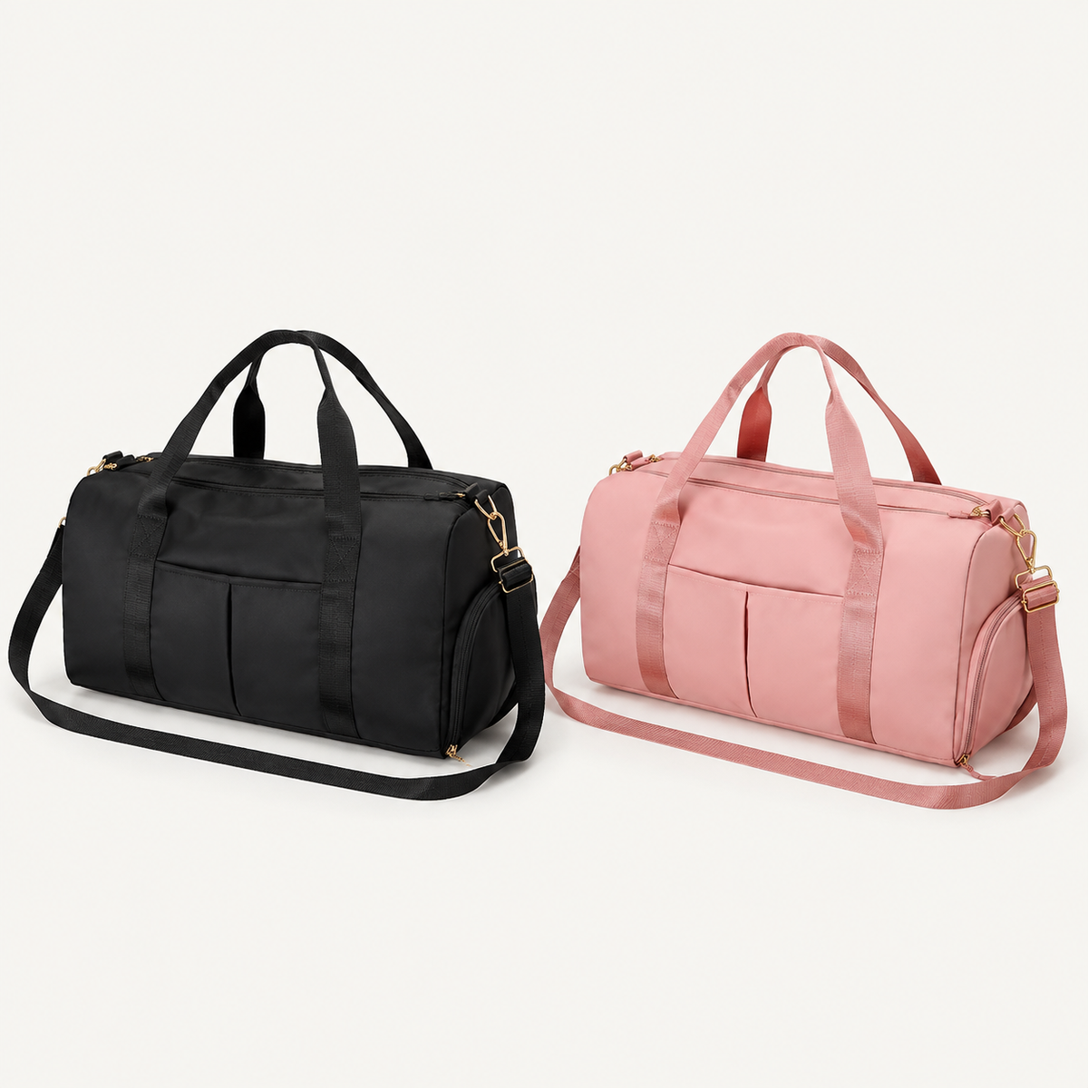 Black and pink Split Duffel Bag color variants shown side by side on a warm off-white studio background.