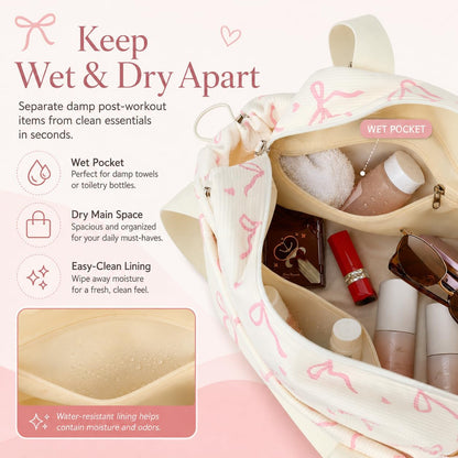Aesthetic Mini Gym Bag for Women with Wet Dry Pocket, Lightweight Corduroy Dance Ballet Gymnastic Small Tote Bag for Workout Yoga Clean Girl Lifestyle Overnight Weekend Trip